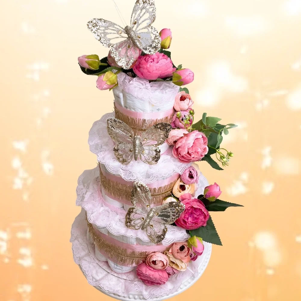 Butterfly Diaper Cake, Peonies Diaper Cake